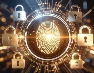 Golden biometric fingerprint scan at center with glowing security interface and surrounding padlock icons conveying advanced digital protection and trust in high fidelity authentication
