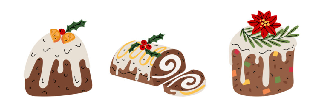 Set of festive Christmas desserts, including pudding, cake, and roll with berries, lemon, and poinsettia decorations. An ideal graphic set festive menus, bakery designs, gift labels, seasonal decorset