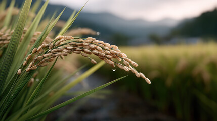 Obraz premium Rice plant in field with morning dew, green leaves, golden grain, natural landscape, soft sunlight, peaceful rural scene
