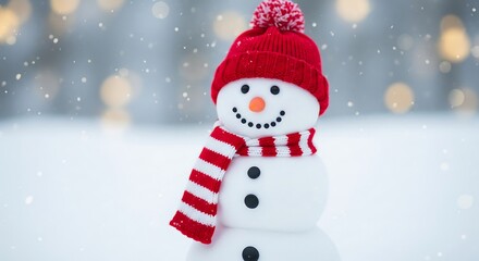 Cheerful snowman with red hat and scarf in snowy winter scene