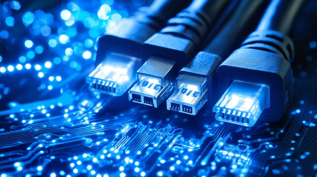  Glowing Ethernet Cables Connected to a Network Switch