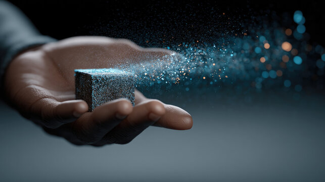 Human hand holds small black cube as blue and silver particles magically disperse into air, evoking wonder and imagination