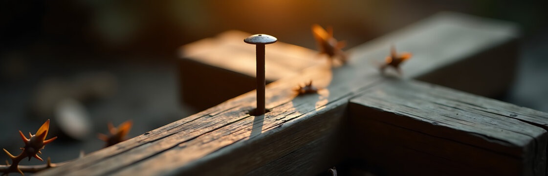 shot lone rusty nail piercing weathered wooden cross surrounded delicate thorn sprigs soft golden light filtering