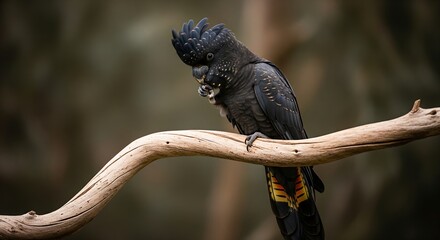 Striking red-tailed black cockatoo on curved branch in nature