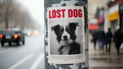 Lost dog poster on city street pole, missing pet announcement in urban environment, search for animal, emotional notice, rainy day in busy town, public appeal for help