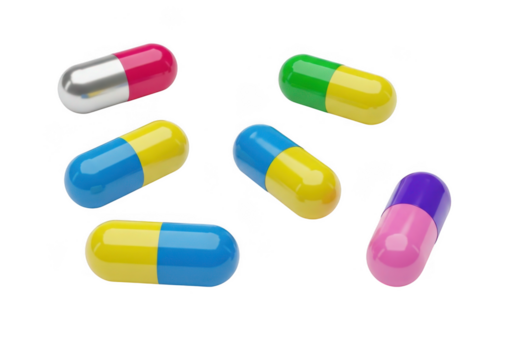 Various capsules and pills isolated on transparent background for medical use