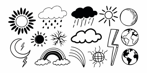 Illustration of various weather elements including sun clouds rain rainbow moon lightning and earth icons on transparent background