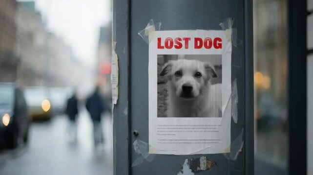 Lost dog poster on a city street, search for missing pet, urban environment, public awareness campaign, emotional appeal, community involvement, animal rescue effort, lost and found notice