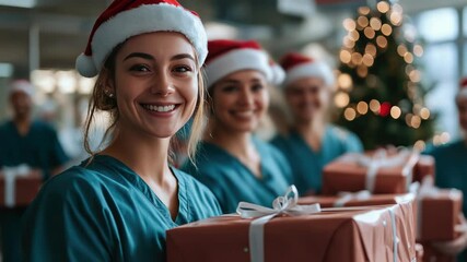 Healthcare team in Santa hats walking a decorated hospital corridor, smiling and carrying wrapped gifts to spread holiday cheer and gratitude to patients and staff