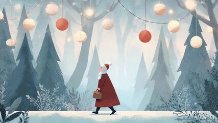 senior woman walk in park with decorated christmas lights illustrated animation - Powered by Adobe