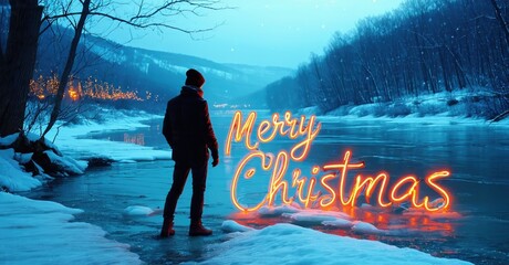 Winter scene depicts person near frozen river. Bright Merry Christmas text overlays blue, snowy landscape. Calm, serene atmosphere.