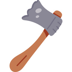 Cartoon illustration of an axe with a gray metallic head and a brown wooden handle featuring a transparent background and a simplified design