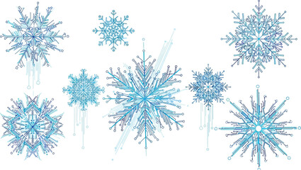 Collection of blue snowflakes isolated on white background for winter designs