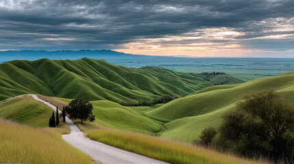 Rolling green hills winding path dramatic sky peaceful landscape sunrise countryside nature scenic view tranquil outdoor beauty