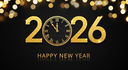 Happy new year 2026 with a vintage clock face and sparkling golden lights, celebrating the arrival of the new year
