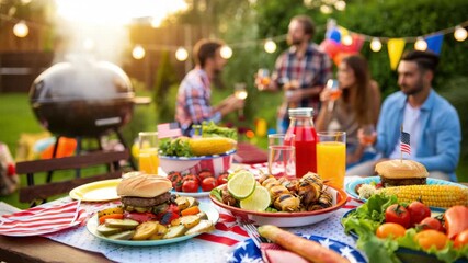 Classic American backyard barbecue party with grilled food, fresh produce, and friends celebrating Independence Day, Memorial Day, and Labor Day in a festive outdoor summer gathering