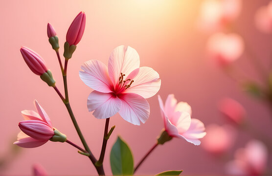 lush sring surrounded delicate petals vibrant blooms soft pastel pink background warm golden natural