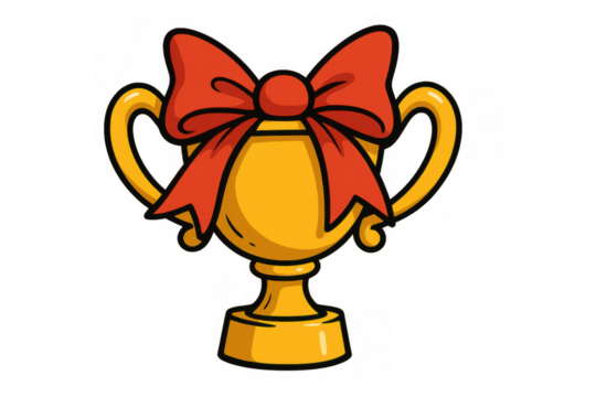 Gold winner trophy receiving first place award in competition, achieving victory with red ribbon bow, transparent background