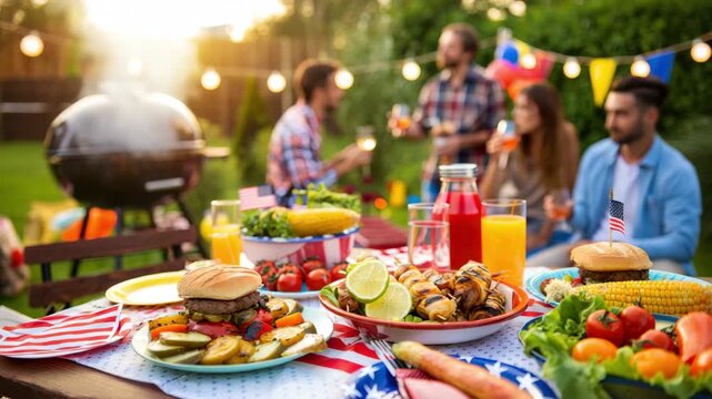 Classic American backyard barbecue party with grilled food, fresh produce, and friends celebrating Independence Day, Memorial Day, and Labor Day in a festive outdoor summer gathering