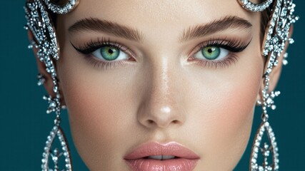 Stunning woman with green eyes and jeweled headpiece, elegant makeup and glossy lips in luxury portrait.