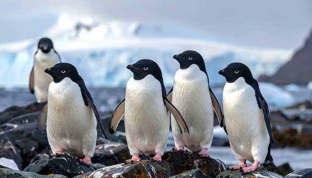 A group of penguins standing on rocks with a backdrop of an icy mountain range and ocean, observing with curiosity