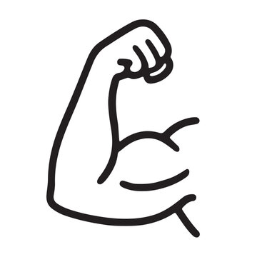 Black outline drawing of a flexed bicep muscle Keywords: bicep, muscle, arm, flexing, strength