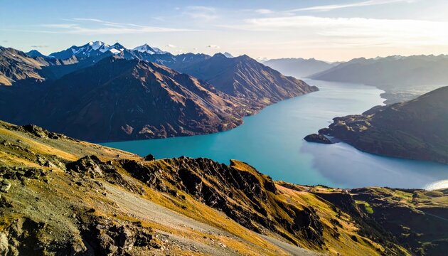 A vast, winding turquoise lake is framed by steep, rocky mountains with snow-capped peaks in the distance, under a bright, clear sky.