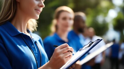 Volunteers in blue shirts with hands holding clipboards and supplies faces defocused community mental health outreach door to door support services neighborhood care initiative