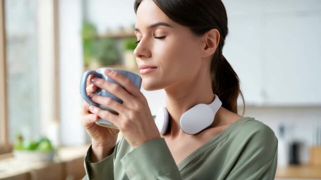 Woman using a non-invasive vagus nerve stimulation nVNS device during a relaxation routine at home, combining neuromodulation therapy with mindful lifestyle habits