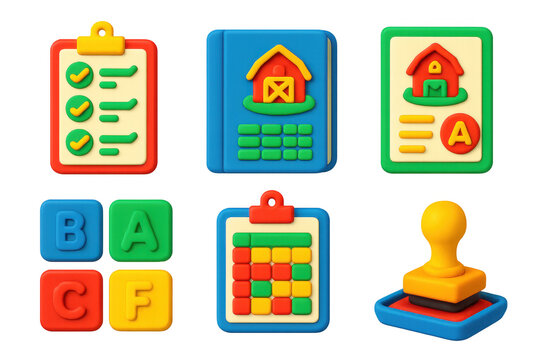Rural Education Icons. 3D icon set of rural education documents: attendance sheet, school register book, report card, grade stamps