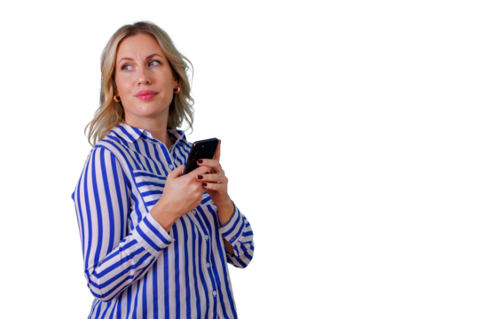 Blonde woman using a smartphone for communication and social media, looking curious or attentive, with a transparent background