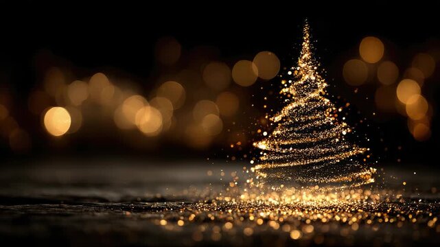Elegant Christmas tree crafted from shimmering gold glitter swirls on a black backdrop. Delicate bokeh lights add a touch of enchantment and joy to the festive holiday atmosphere