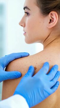 A dermatologist performs a clinical skin examination of a pigmented nevus on a female patient&rsquo;s shoulder as part of a routine dermatological screening for early detection of skin cancer