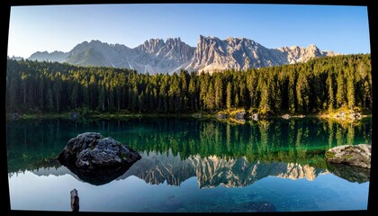 A stunning landscape featuring a calm, clear lake reflecting a dense evergreen forest and dramatic, rocky mountain peaks.