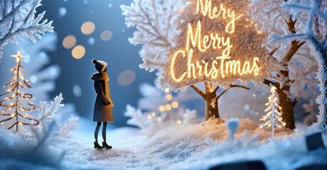 Winter scene depicts woman viewing illuminated Merry Christmas message. Snowflakes fall, trees sparkle with lights. Festive, peaceful mood.