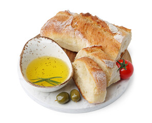 Tasty baguette, oil, tomato and olives isolated on white