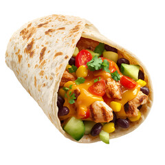 Delicious chicken burrito with fresh vegetables and cheese sauce food photography on transparent background