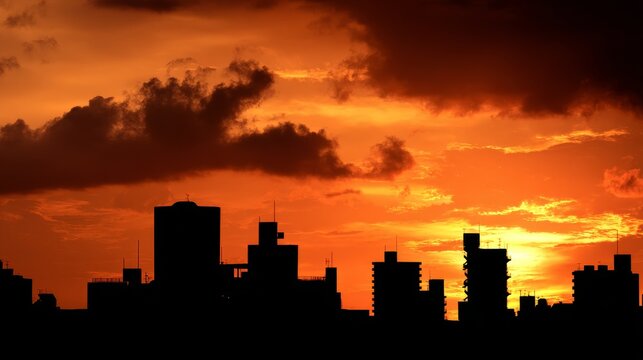 Sunset urban silhouette city skyline with orange sky and glowing sun creating dramatic dusk scenery, showing buildings, horizon, warm light, shadows and vibrant atmosphere over the modern landscape