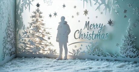 Papercraft scene depicts person viewing winter landscape. Festive greeting visible, snow covers ground. Soft lighting creates cozy mood.