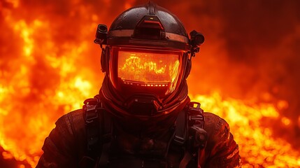 Firefighter in protective gear standing against a blazing fire with a digital display on the helmet showing vital information and data readout