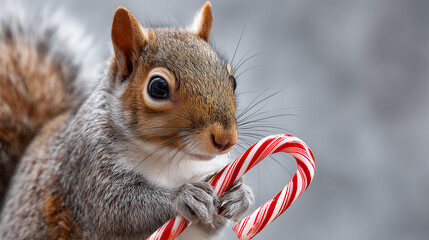 Squirrel holding a candy cane with a playful expression indoors  