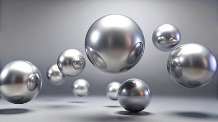 Floating Spheres: A collection of polished metallic spheres gracefully suspended in mid-air, with a soft light adding a touch of elegance and mystery to the scene.