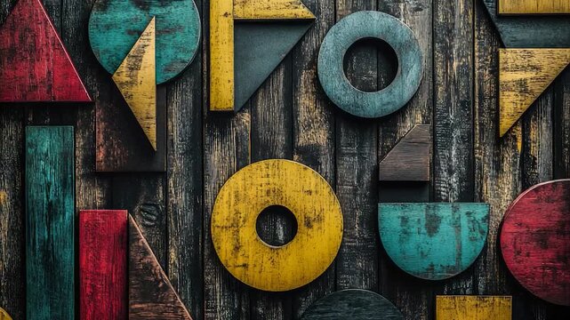 Stacked colorful wooden letters on a wall