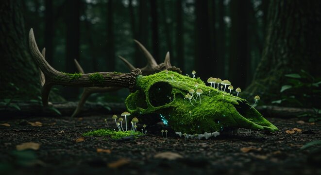 Deer skull covered in green moss and mushrooms on forest floor - Powered by Adobe