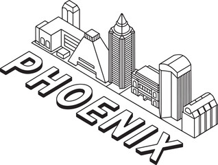 Naklejka premium Isometric black and white outline drawing of phoenix arizona city skyline architecture urban buildings graphic