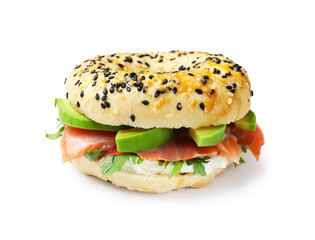 Delicious bagel with salmon, cream cheese, avocado and arugula isolated on white