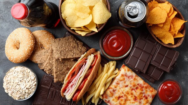 Ultra-processed snack food with high fat, sugar, salt, made from processed ingredients with artificial flavors, preservatives, coloring, showing unhealthy junk food and industrially produced treats