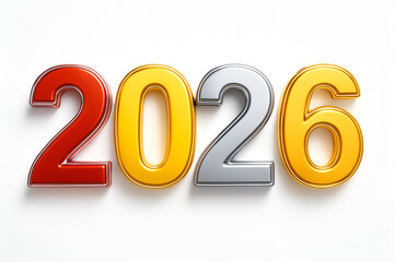 Three dimensional metallic gold and silver numbers 2026 standing upright isolated on a clean white background for new year concept