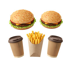 Burger fries and coffee combo meal illustration for fast food restaurant menu design on transparent background