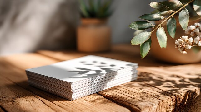 Clean stack of blank white paper sits on a wooden desk, with soft, dappled shadows from a nearby plant's leaves falling gently across it.